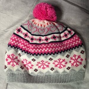 Gymboree Fleece Lined Pink and Gray Snowflake Kids Winter Hat with Pom Pom